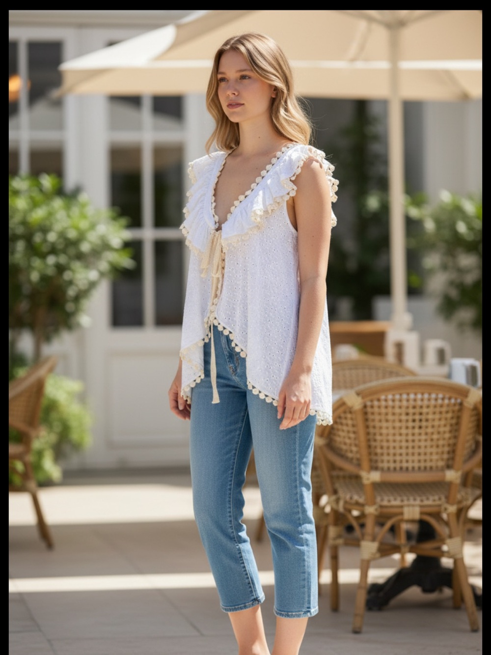 👗Ivy Jane Ivory Eyelet Ruffle open Tie-Front Tank with Pom Trim
